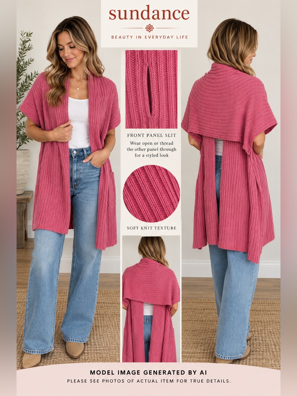 Sundance S/M Ribbed Knit Wrap Sweater Vest Shawl Scarf Cashmere Angora Boho Cozy